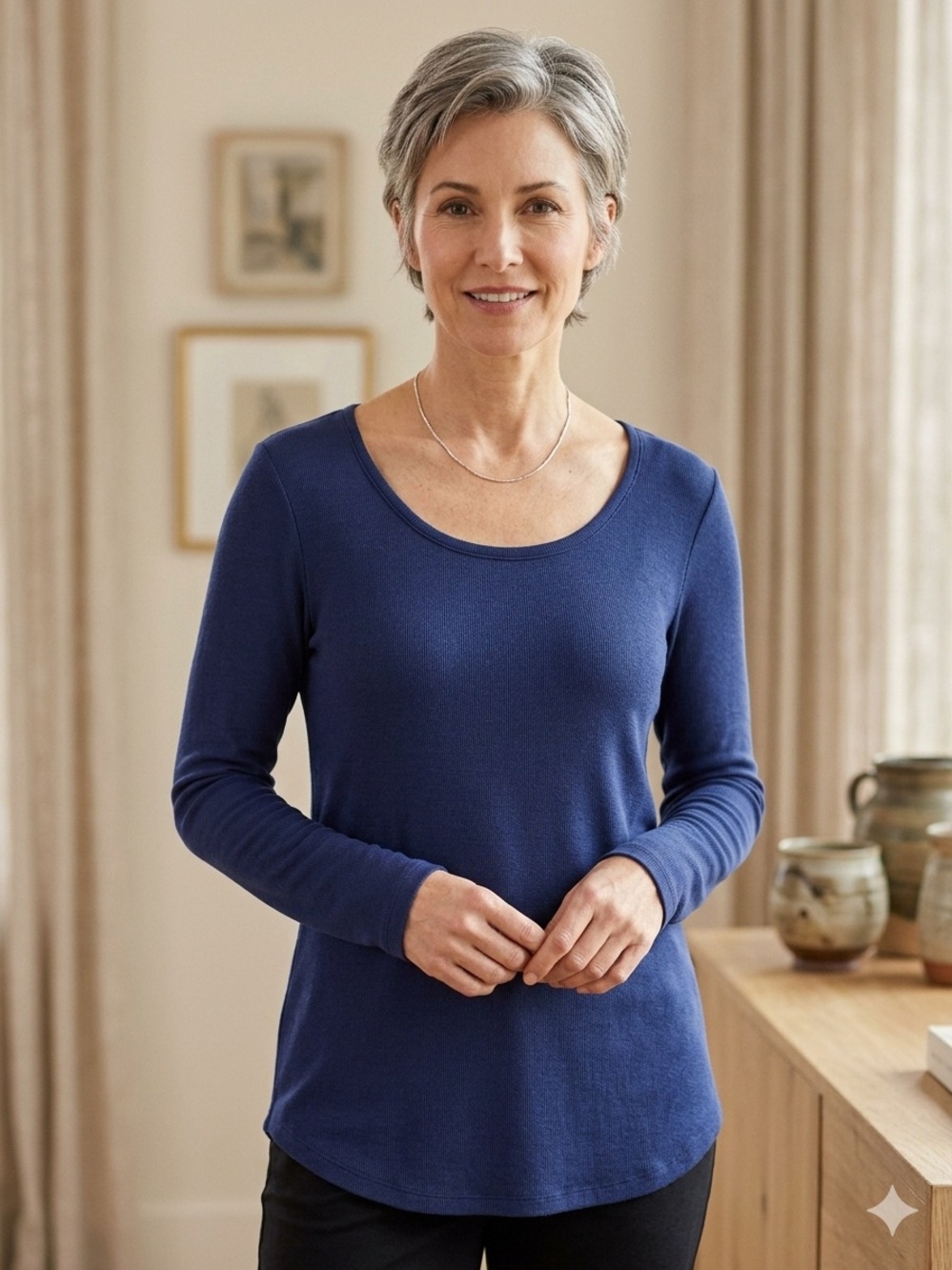 Eileen Fisher Navy Scoop-Neck Long Sleeve Top Small
